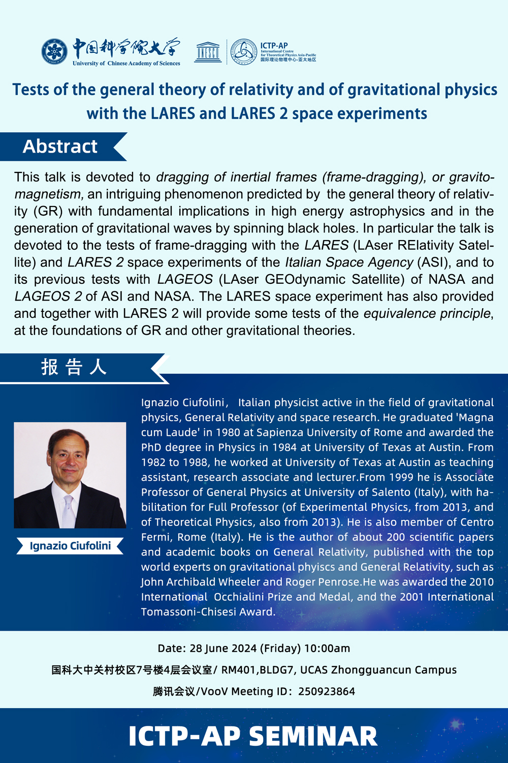 ICTP-AP Seminar: Tests of the general theory of relativity and of gravitational physics with the LARES and LARES 2 space experiments