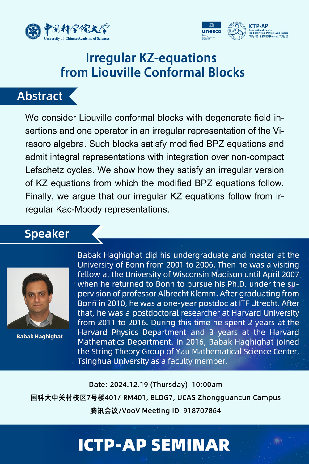 ICTP-AP Seminar: Irregular KZ-equations from Liouville Conformal Blocks