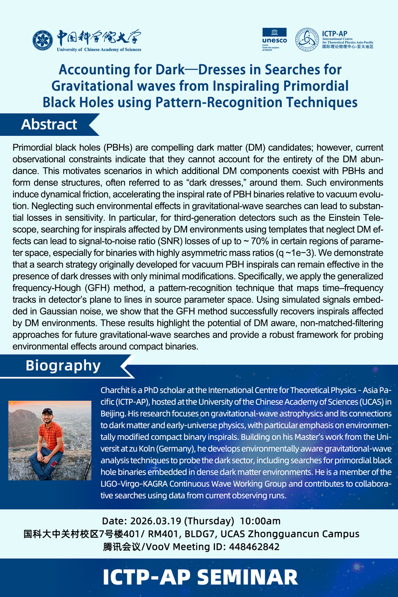 ICTP-AP Seminar: Accounting for Dark—Dresses in Searches for Gravitational waves from Inspiraling PrimordialBlack Holes using Pattern-Recognition Technique