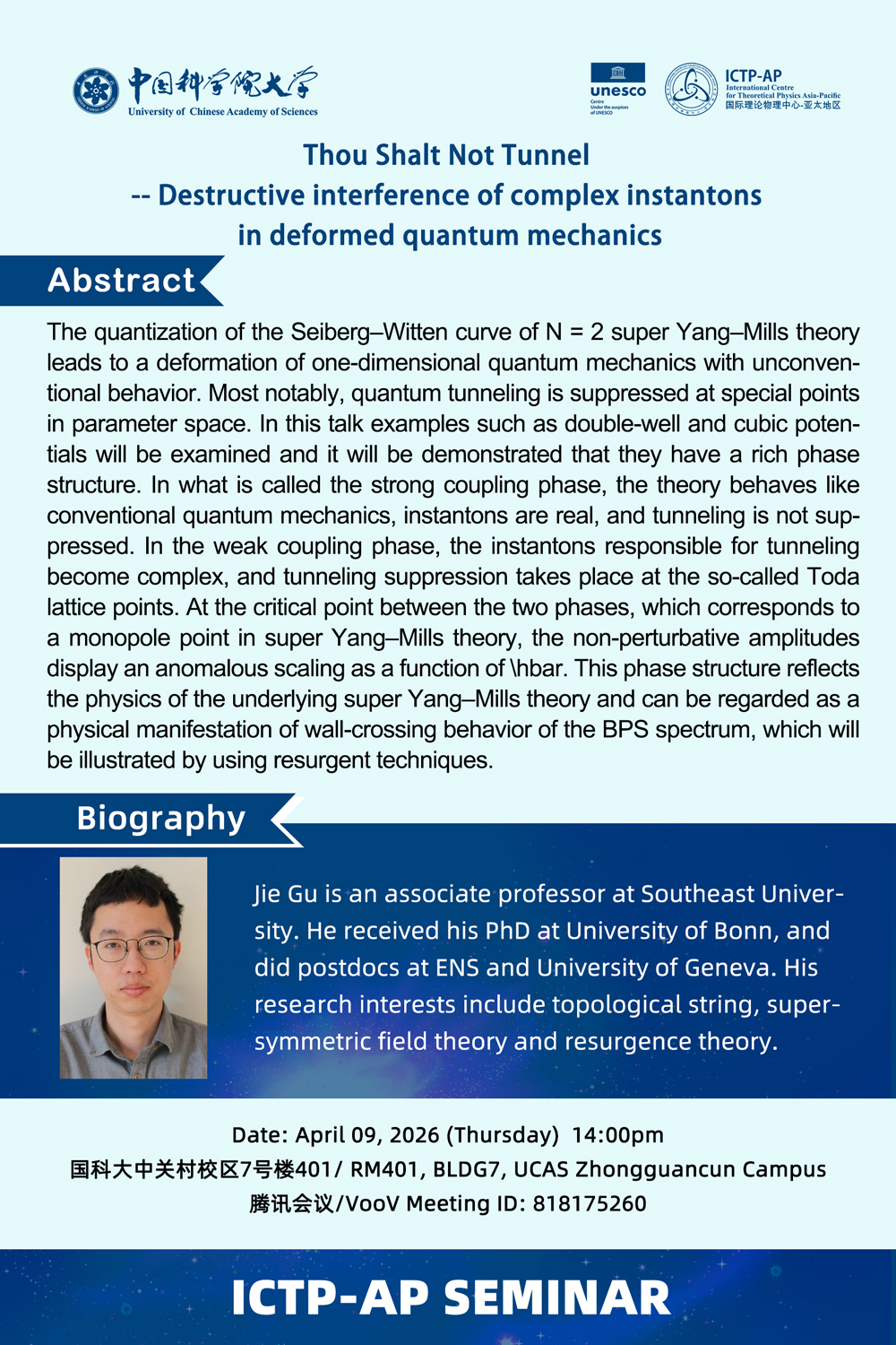 ICTP-AP Seminar: Thou Shalt Not Tunnel -- Destructive interference of complex instantons in deformed quantum mechanics