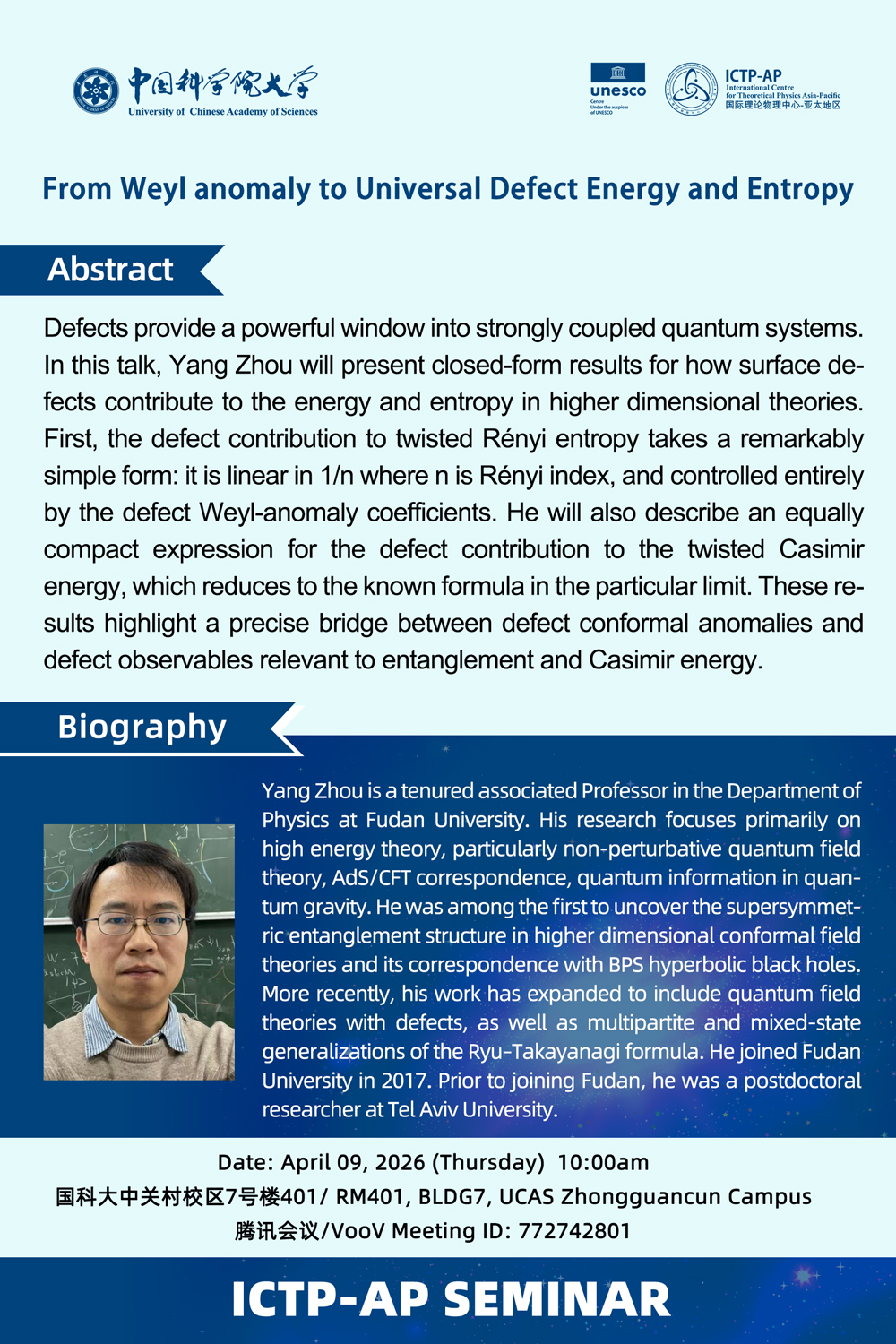 ICTP-AP Seminar: From Weyl anomaly to Universal Defect Energy and Entropy
