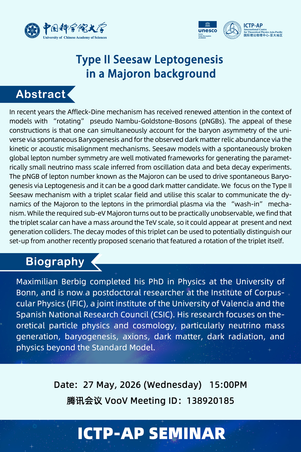 ICTP-AP Seminar: Type II Seesaw Leptogenesis in a Majoron background
