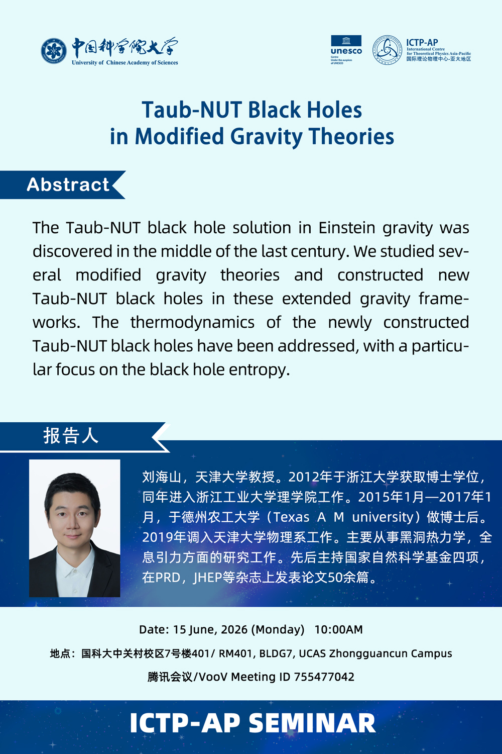 ICTP-AP Seminar: Taub-NUT Black Holes in Modified Gravity Theories