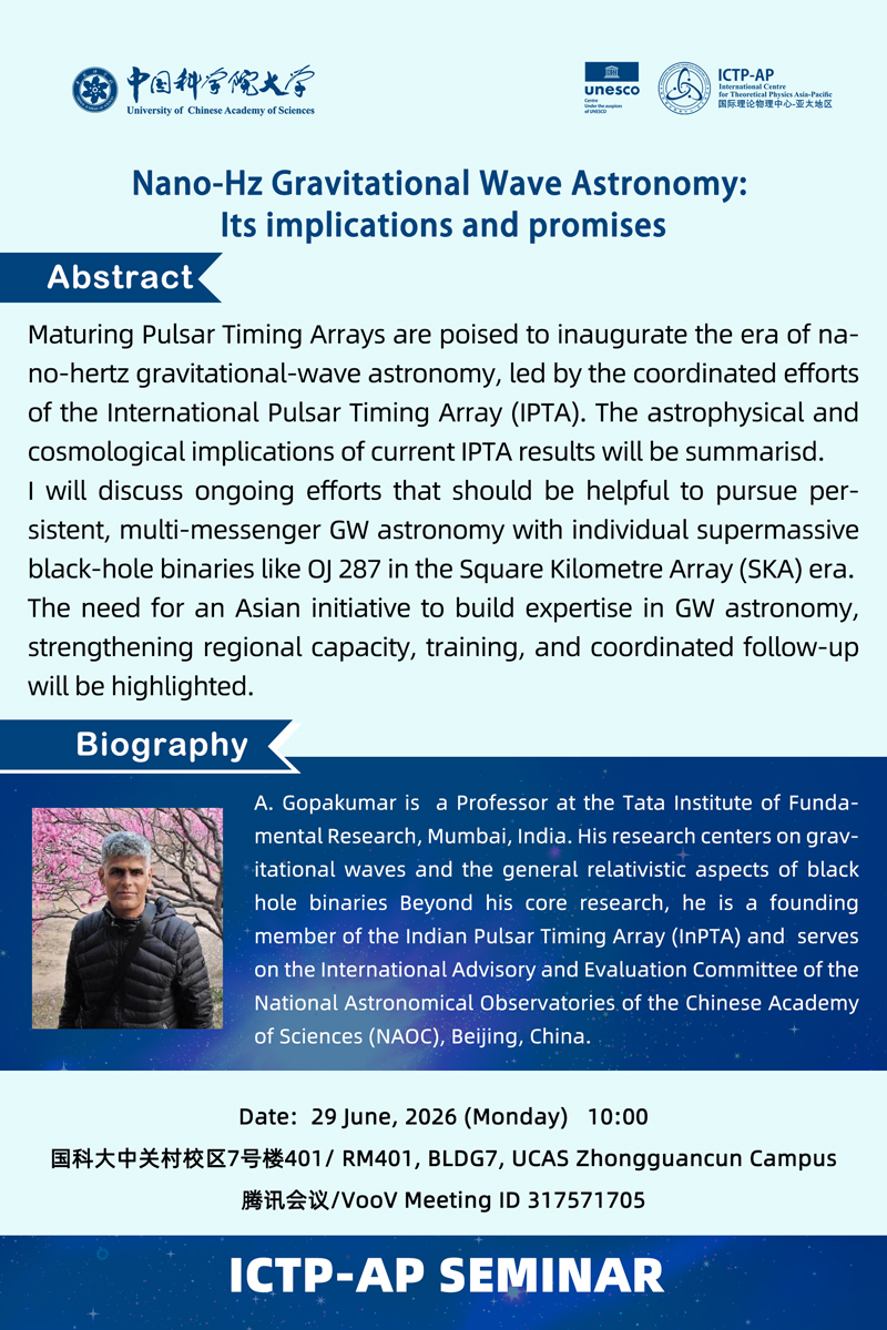 ICTP-AP Seminar: Nano-Hz Gravitational Wave Astronomy: Its implications and promises